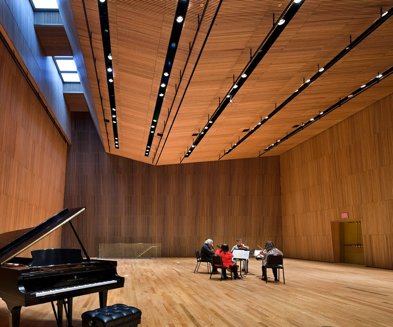 Chamber ensemble rehearses in Cary Hall (Steinway D 9-foot grand piano pictured) — Photo: Francis Dzikowski